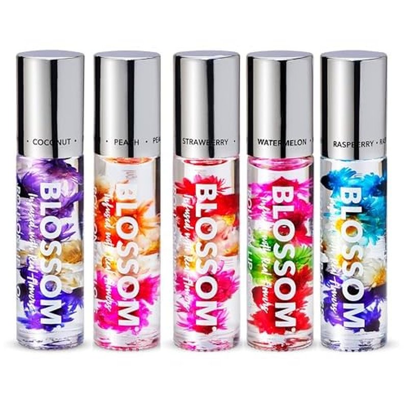 Blossom Scented Roll on Lip Gloss, Infused with Real Flowers, Made in USA, 1.0 Fl oz/29.5mL, 5 PACK BUNDLE, Coconut, Juicy Peach, Strawberry, Raspberry, Watermlon