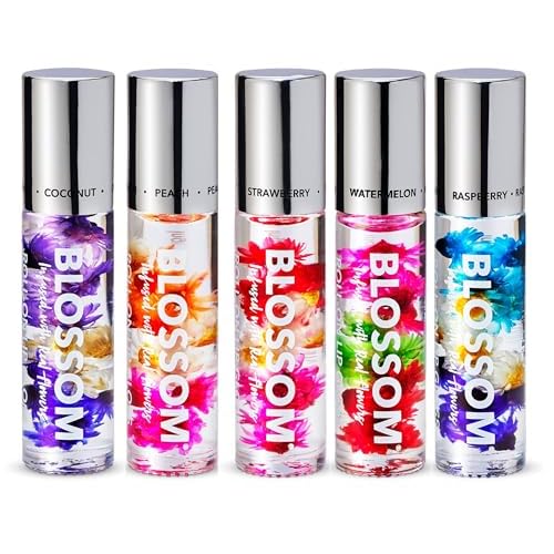 Blossom Scented Roll on Lip Gloss, Infused with Real Flowers, Made in USA, 1.0 Fl oz/29.5mL, 5 PACK BUNDLE, Coconut, Juicy Peach, Strawberry, Raspberry, Watermlon