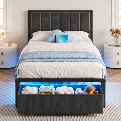Dark Grey Twin Size Bed Frame with LED Lights, Charging Station & Storage Drawer