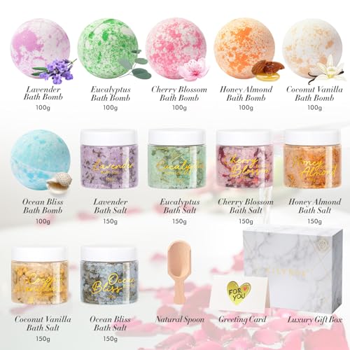 Luxury Spa Gift Set with Fragrance Mix - 15 Pcs Bath Salts & Bombs, Rose Petals & Essential Oils, Women's & Men's Birthday Gifts