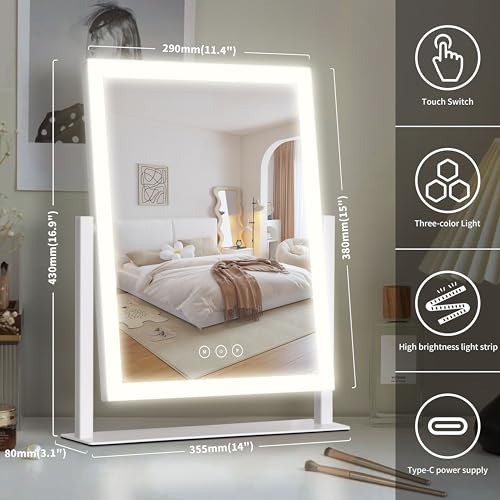 YUMELIVI Hollywood Vanity Mirror with Lights, 16.7"x13.2", 3 Color Modes, Smart Touch Control, 360 Rotatable, Perfect for Bedroom Vanity or Dressing Room