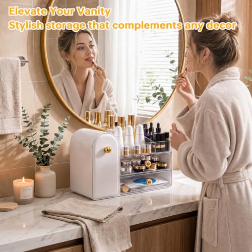 White Makeup Organizer for Vanity with Drawers & Brush Holder - Skincare Storage