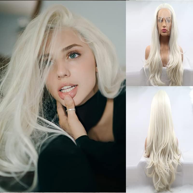 Xiweiya 60# Platinum Blonde Lace Front Wig Long Body Wave Synthetic Hair for Women
