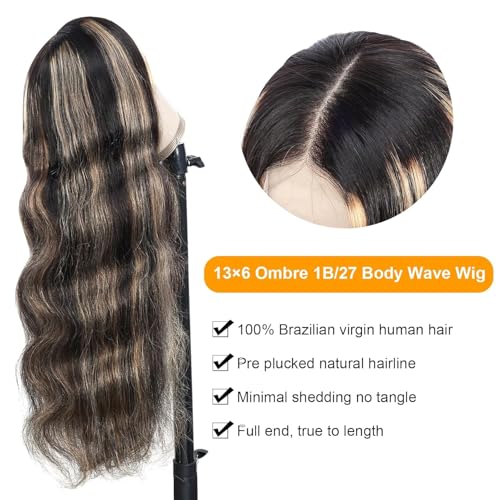 Balayage Wig Human Hair 28 Inch Blonde Ombre Lace Front Wig 13x6 HD Transparent Cap