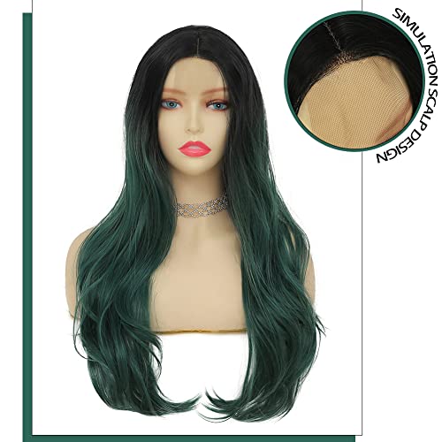 Green Curly Wigs for Women - Long Natural Wavy Ombre Synthetic Hair - Lace Front, Green-Lace Front