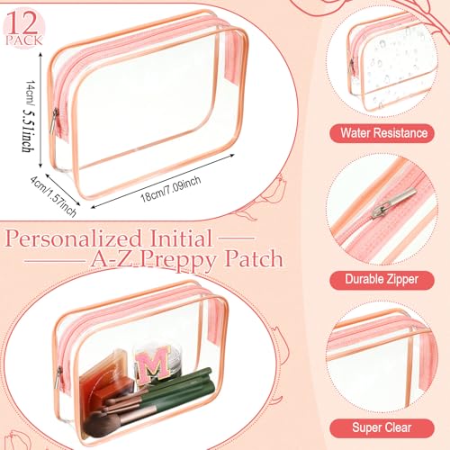 Pink Clear Makeup Bag with Initial Chenille Patches - 12 Pack, Personalizable