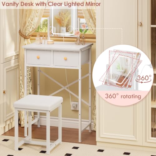 White Small Makeup Vanity Table with Mirror and Light - Space-Saving Compact Desk with Drawers & Chair