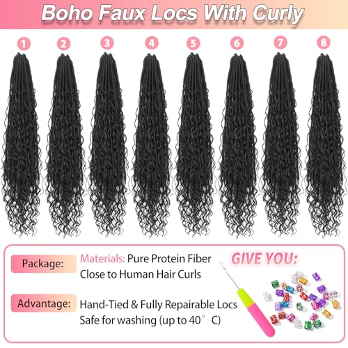 Alaleibaby 18 Inch Boho Faux Locs Crochet Hair 8 Packs Goddess Locs with Curly Ends for Black Women