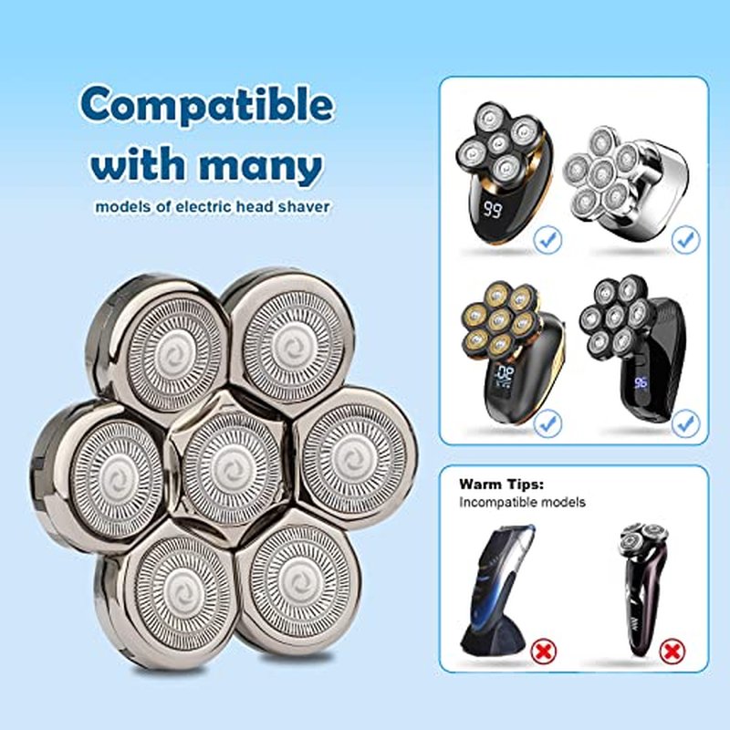 Electric Shaver Replacement Heads 7D - 7 Blades Head Shaver Replacement Heads Universal Stainless Steel Rotary Blade Refills for Bald Head Razor for Men (Silver Gray)