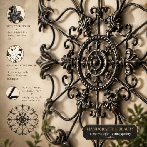 30-Inch Wrought Iron Wall Art with Vintage Fleur-de-Lis Scroll Design