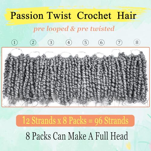 8 Inch Passion Twist Crochet Hair for Black Women 8 Packs Pre-twisted Passion Twists Crochet Braids Hair Pre-looped Bohemian Twists Synthetic Braiding Hair Extensions (12Strands/pack;TGrey#)