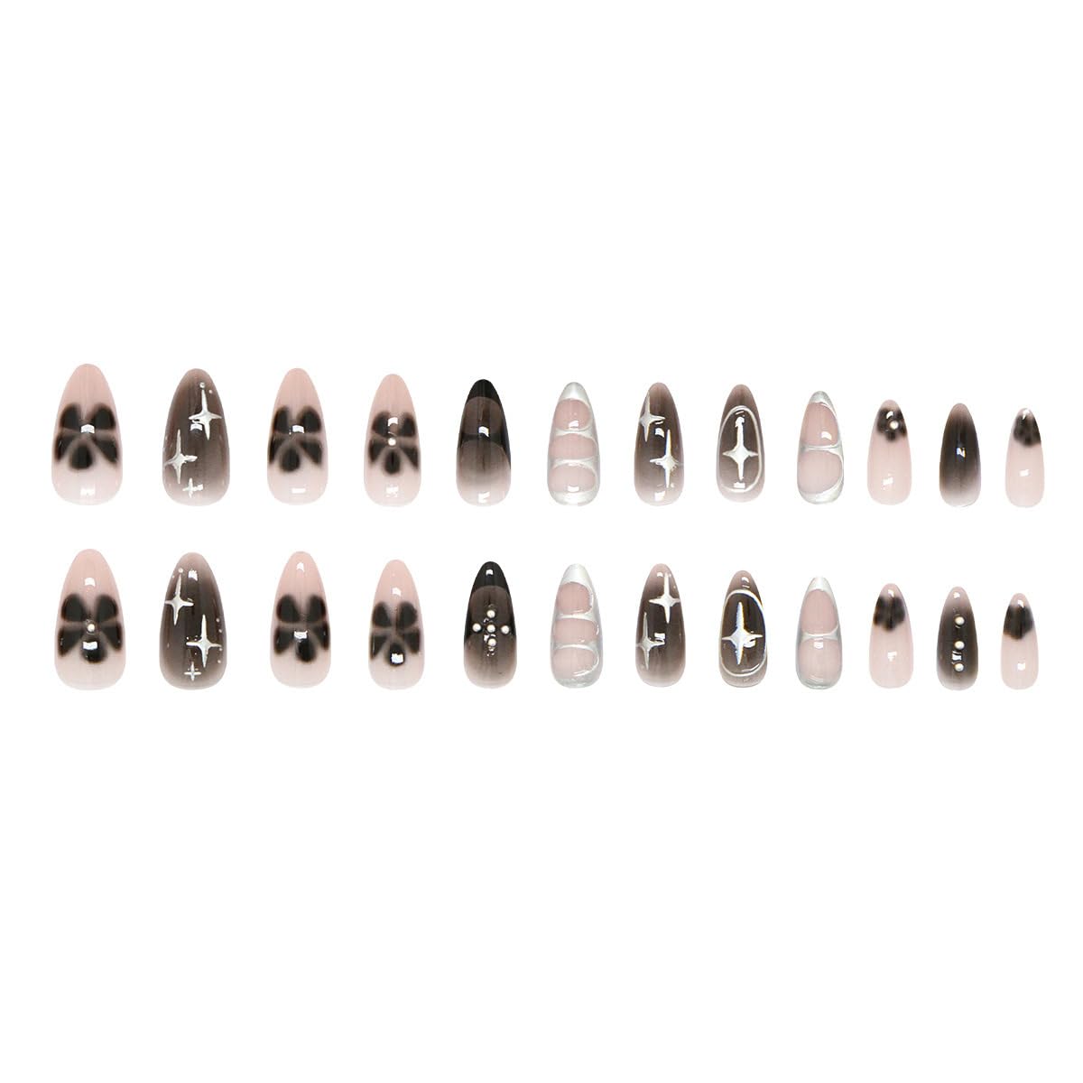 24Pcs Black Press on Nails Medium Almond Fake Nails Black Flower with Silver Star Full Cover Glue on Nails Reusable Acrylic Star False Nails Glossy Stick on Nails for Women Girls Manicure Salon Kits