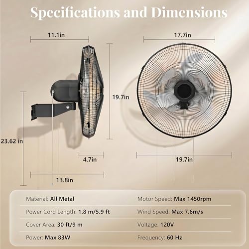 ZMRTDWO 18 Inch Oscillating Wall Mount Fan 3 Speed High Velocity Cooling
