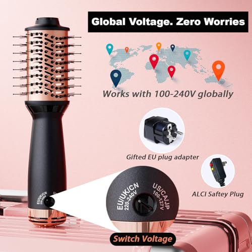 Pink Gold Dual Voltage Travel Hair Dryer Brush with Pouch - Compact, Lightweight, 2 Speed, 360° Swivel, Curls & Volume