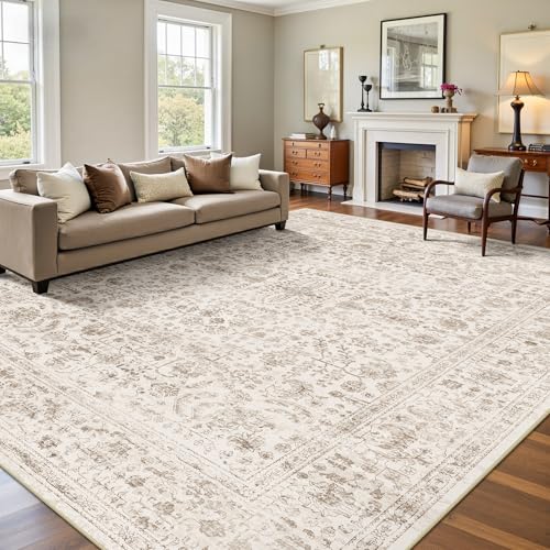 Yarooge 8x10 Light Brown Washable Vintage Floral Rug - Non-Slip Low Pile Carpet for Living Room & Bedroom