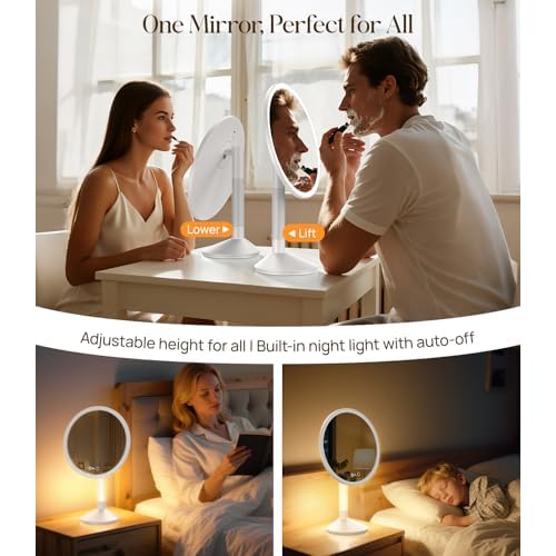 Gospire 10.8 Inch 2-in-1 Large Vanity Mirror with Lights & Bedside Table Lamp, Height Adjustable Lighted Makeup Mirror with Magnification 10X, 5000mAh Battery, 3-Color Desk Light Up Mirrors Bathroom
