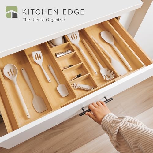 KitchenEdge Bamboo Drawer Organizer - Adjustable 16-28 Inch Kitchen Utensil Tray