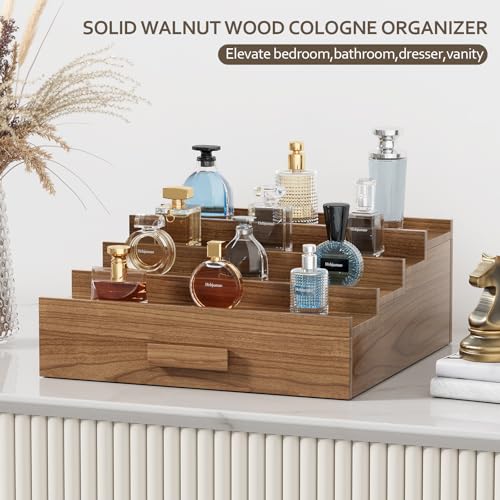 Solid Walnut Cologne Organizer for Men,4 Tier Cologne Stand,Wooden Cologne Holder Display Shelf with Drawer Storage and Hidden Compartment,Perfume Stand Organizer,Gift for Men Dad Husband