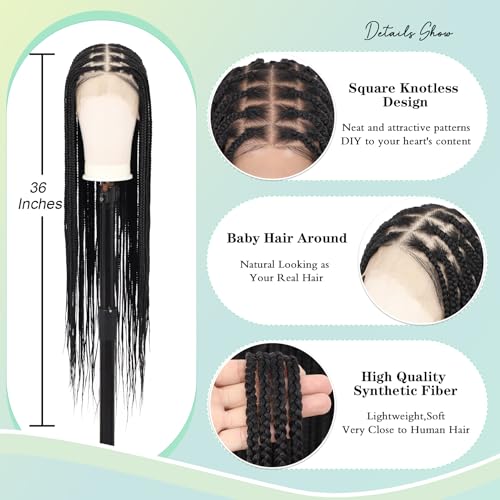 1205 Black 36 Inch Knotless Lace Front Braided Wig for Black Women - 200% Density