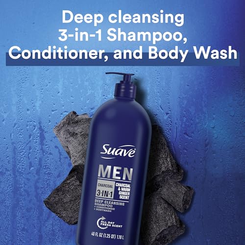 Suave Men Shampoo Conditioner Bodywash 3 in 1 Charcoal &Warm Ginger to Cleanse and Nourish Hair and Skin, 40 oz Pack of 3