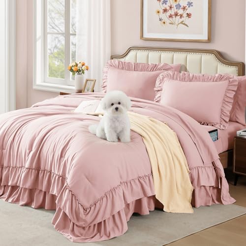 Full Size Pink Ruffle Comforter Set - Farmhouse Bed in a Bag, 7 Pieces, Soft & Cozy - Variation: Soft Pink / Full