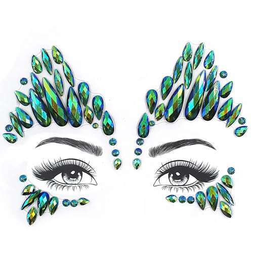 Green Face Gems Jewels for Women Cosplay Poisonous Villain Mermaid Ivy Costume Accessories Halloween Dress Up Rhinestone Stickers Jewels Stickers Temporary Tattoos Festival Decor Green