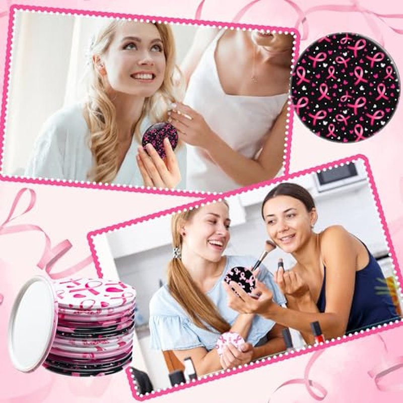 48 Pcs Breast Cancer Awareness Mini Mirrors Gifts Bulk Pink Ribbon Compact Folding Makeup Mirrors Breast Cancer Awareness Accessories Gift for Women Friends(Stylish Pattern)
