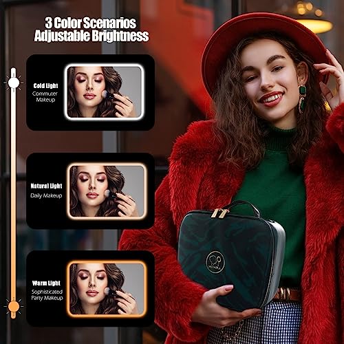 MOMIRA Makeup Bag with Mirror and Light Travel Makeup Train Case Cosmetic Organizer Portable Artist Storage Bag with Adjustable Dividers Makeup Brushes Storage Organizer Zebra-Green