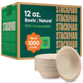 Stack Man 1000 Count 12 oz Compostable Sugarcane Bowls – 100% Unbleached Heavy-Duty, Natural Brown