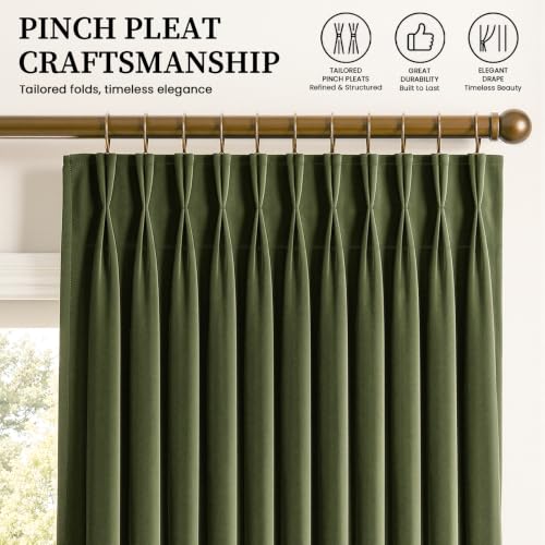 Olive Green Velvet Pinch Pleated Curtains 4 Panels Set, 40"W x 96"L, Blackout