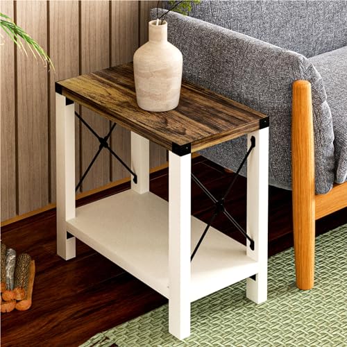 GAZHOME Rustic Farmhouse End Table Set of 2 with Storage Shelf, Narrow Nightstands for Living Room & Bedroom, White