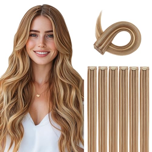 Clip in Human Hair Extensions 16 Inch Light Brown Mix Bleach Blonde 6Pcs
