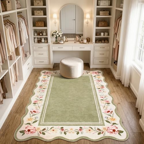 5x7 Green Floral Scalloped Rug - Vintage Boho Area Rug for Living Room