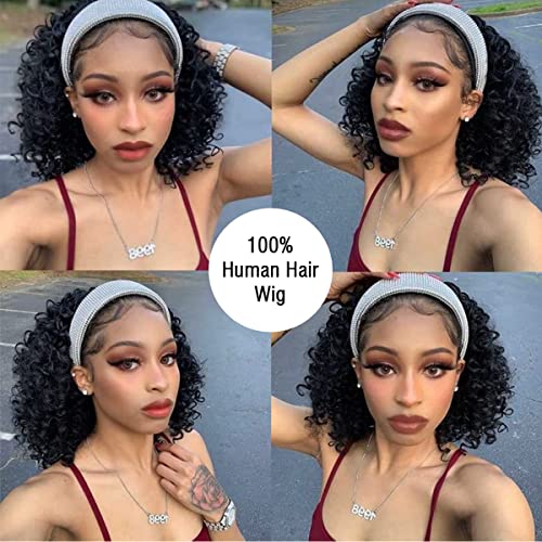 Curly Headband Wig for Black Women 10 Inch 1B Human Hair Glueless Kinky Wig