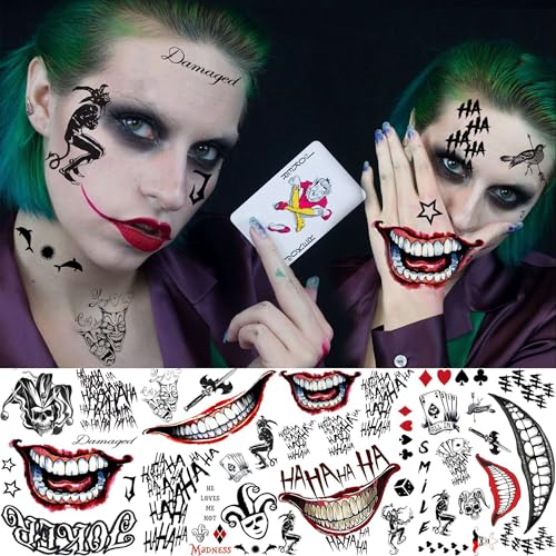 5 Sheets Joker Tattoos Stickers, Hand Damaged Joker Face Tattoos For Women Men Adults, 3D Fake Halloween Temporary Tattoos Makeup Kit Set Clown Inmate Prison Scary Halloween Makeup Accessory Costume