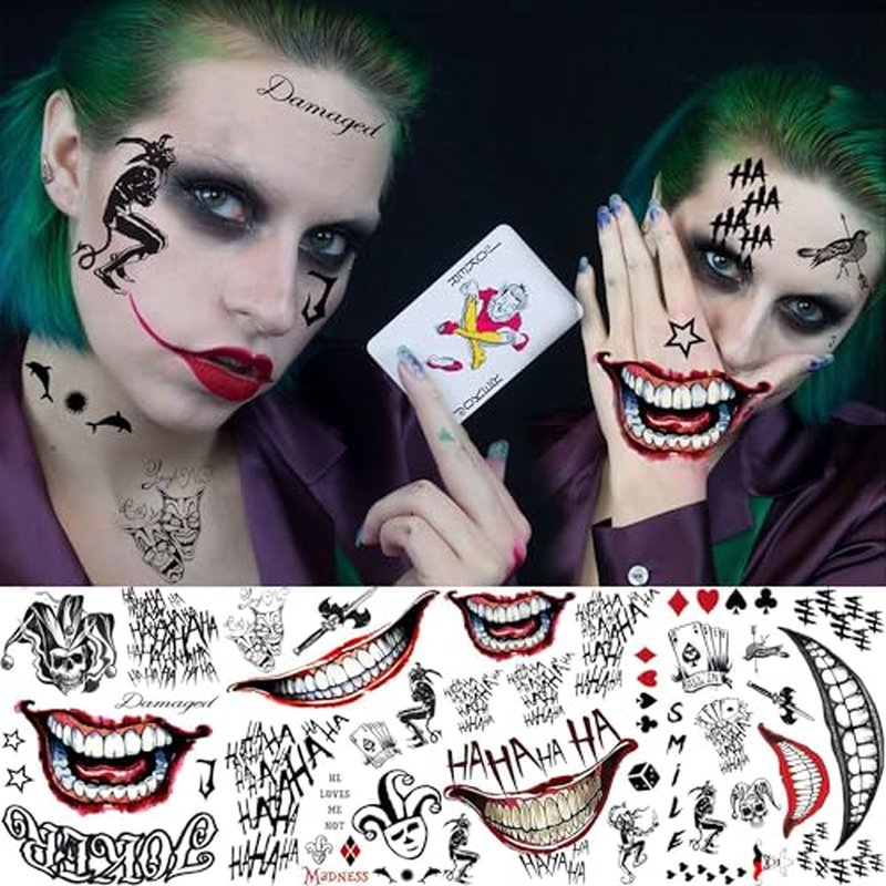 5 Sheets Joker Tattoos Stickers, Hand Damaged Joker Face Tattoos For Women Men Adults, 3D Fake Halloween Temporary Tattoos Makeup Kit Set Clown Inmate Prison Scary Halloween Makeup Accessory Costume