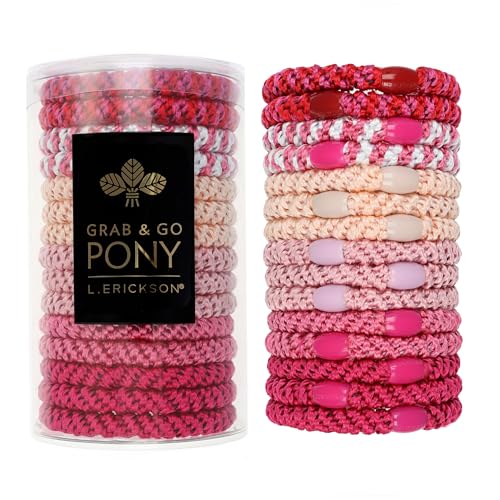 L. Erickson Pink Hair Ties for Thick Hair, Grab & Go Pony Tube, 15 Pack, Think Pink, Thick No-Crease Bands with Strong Hold, Damage-Free Design, Bold Feminine Color Set
