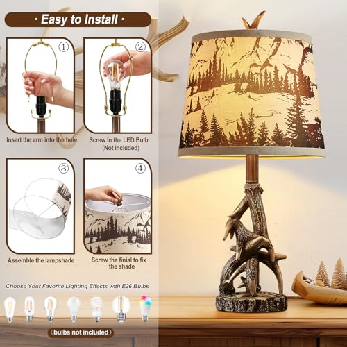 Rustic Deer Antler Table Lamps Set of 2 - Brown Forest Print Shade, Log Cabin Bedroom Nightstand, Western Country Style, 23 Inch