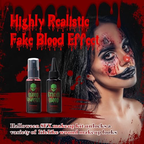 Vaneria Halloween Fake Blood Makeup Kit,Realistic Washable SFX Makeup with 50ml Blood Splatter, 50ml Sticky Blood, Sponge,4 Fake Scars & 4 Fluorescent Tattoo Stickers for Zombie, Vampire Cosplay