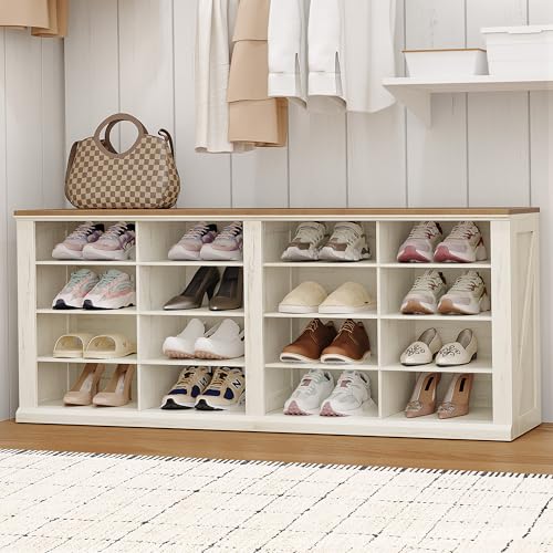 Hzuaneri Antique White Wooden Shoe Storage Bench with Cubby, 11.8"D x 41"W x 23.8"H, Farmhouse Entryway Seat