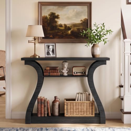 Black Wood Console Table with 3-Tier Shelves - Farmhouse Style Entryway Table