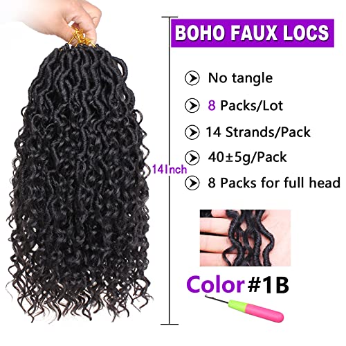ZRQ 8 Pack Boho Faux Locs Crochet Hair 14 Inch Goddess Locs with Curly Ends, Pre Looped River Locs, Soft Synthetic Extensions, 1B#