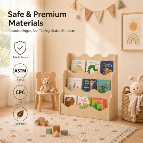 NACHES Montessori Kids Bookshelf Display Rack - Wave Middle Natural