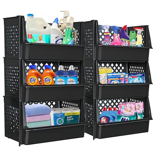 Black Stackable Storage Bins Open Front 6 Pack for Pantry Closet Organization - Skywin