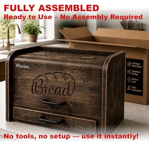 Brown Rustic Bread Box - Fully Assembled Large Wooden Kitchen Storage, Double Layer Design