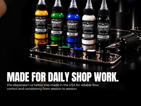 Element Tattoo Supply 6-Color Ink Set - 1oz Bottles, White Black Yellow Red Green Blue