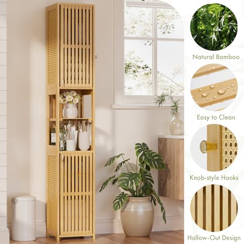 Tall Bathroom Storage Cabinet - Bamboo with Rattan Doors, Adjustable Shelves, Natural Color, 70 Inch
