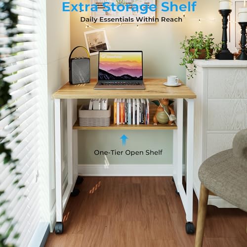 GreenForest 31.5-Inch Oak Folding Rolling Desk with Locking Wheels, Space-Saving Design