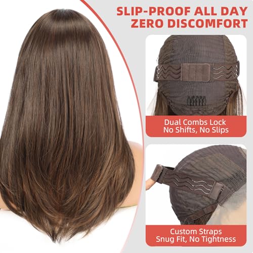 Brown Synthetic Lace Front Wig 20 Inch Long Layered Hair for Women - Glueless & Natural Hairline