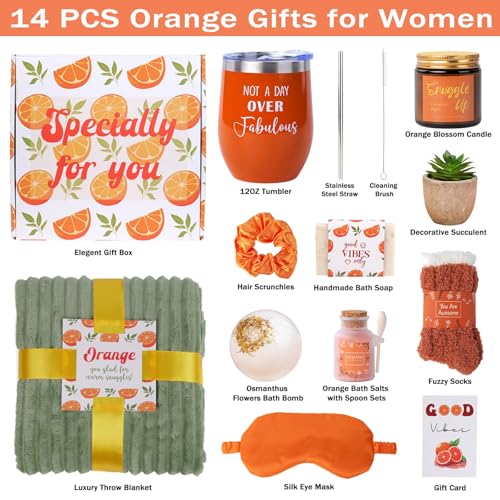 Orange Fall Gift Basket for Women with Blanket & Spa Essentials - Green Blanket Variation